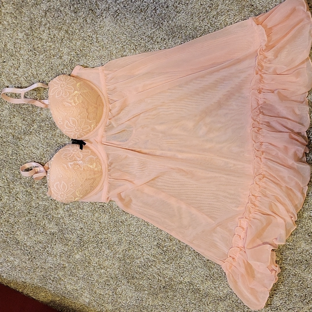 Lace sheer pink slip with frills